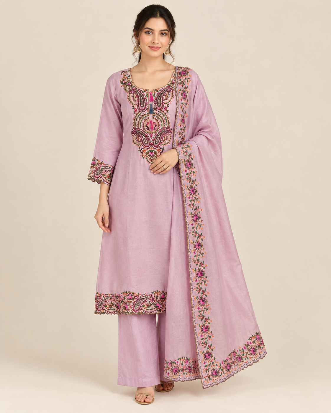 Pastel Lavender Floral Embroidered Palazzo Suit Main image
