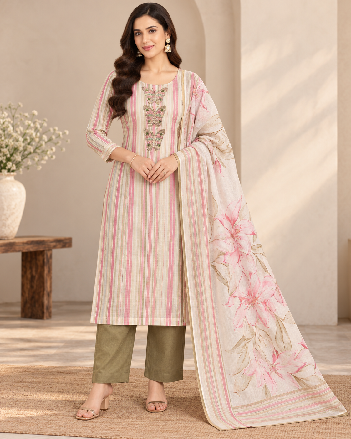 Pastel Pink Striped Suit Fabric with Floral Dupatta
