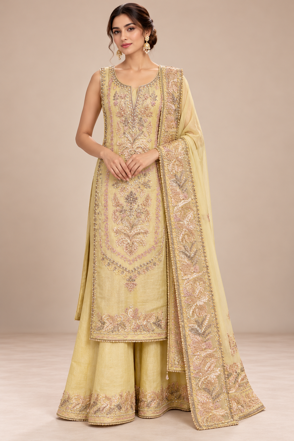 Elegant Pastel Yellow Embroidered Sharara Set Main image