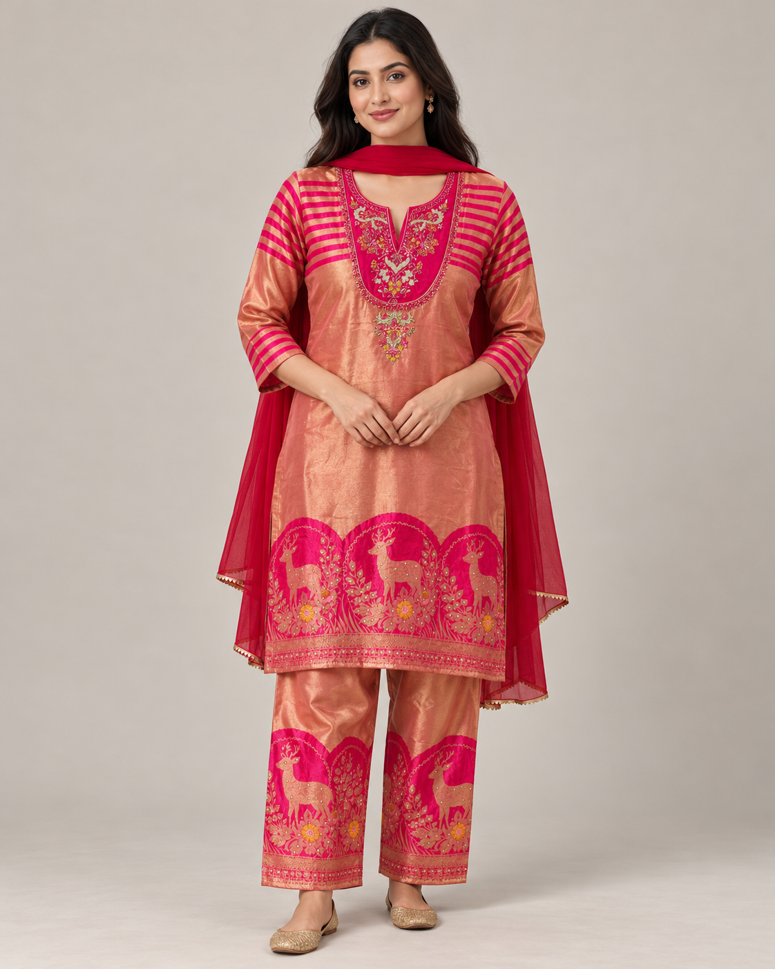 Peach Pink Deer Motif Kurta Set
