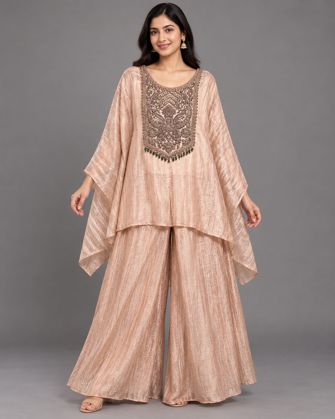 Peach Embellished Kaftan With Palazzo Pants