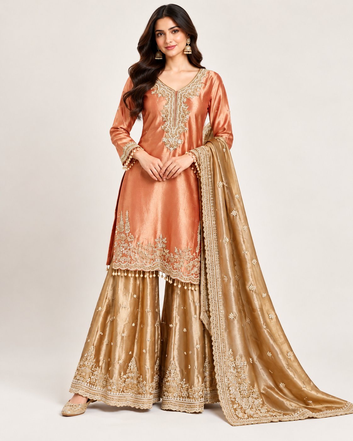 Peach Champagne Embroidered Sharara Suit