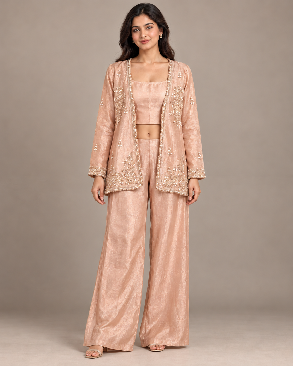 Pink Embroidered Jacket Palazzo Crop Top Set