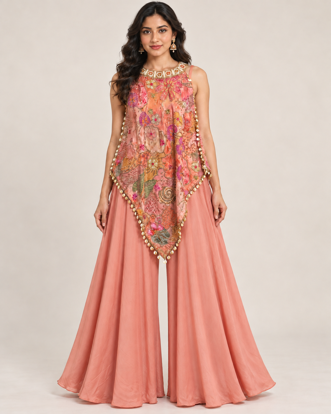 Peach-Coral Layered Suit with Embroidered Choker Neckline Main image