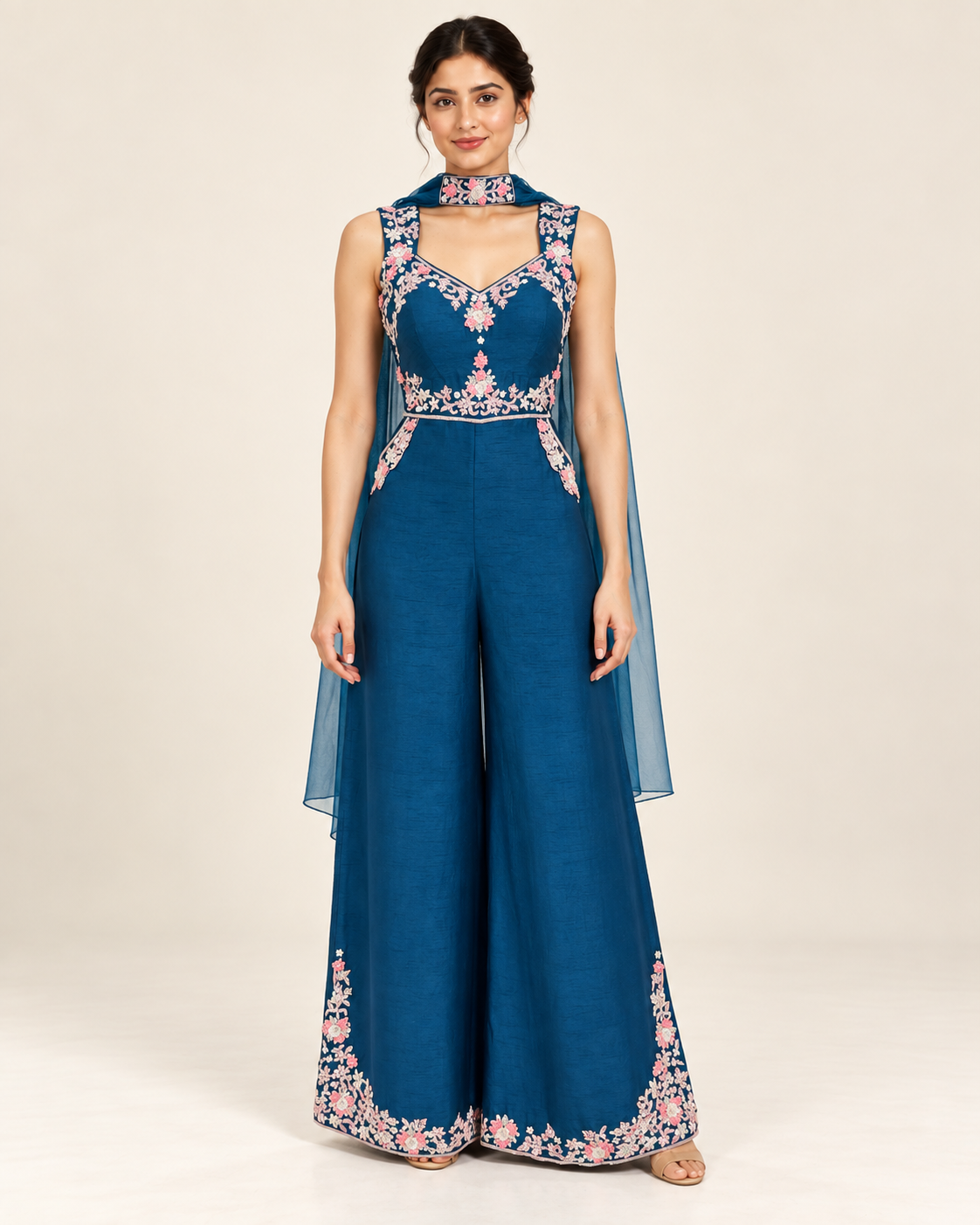 Peacock Blue Floral Embroidered Jumpsuit Main image