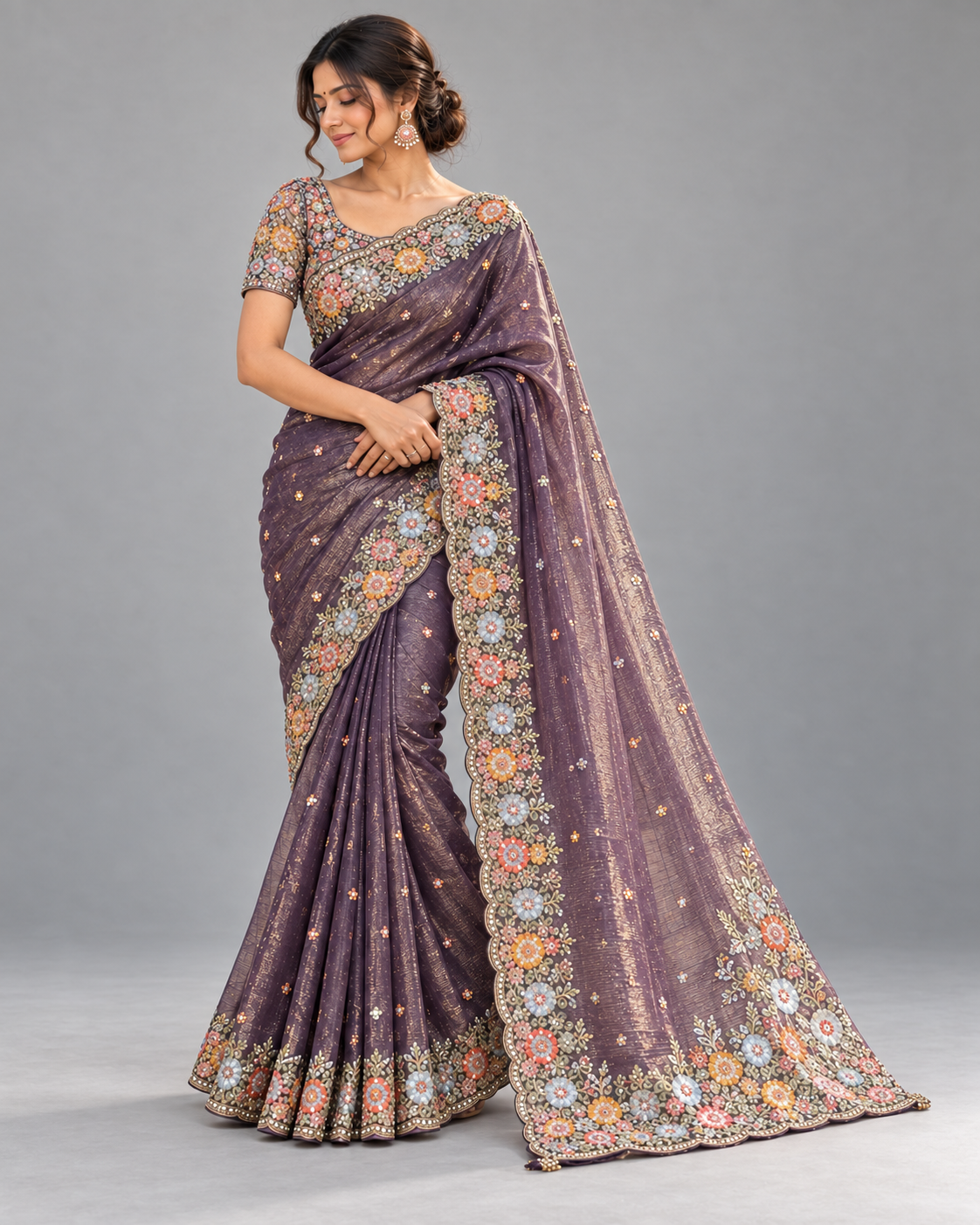 Purple Floral Embroidered Saree with Scalloped Border