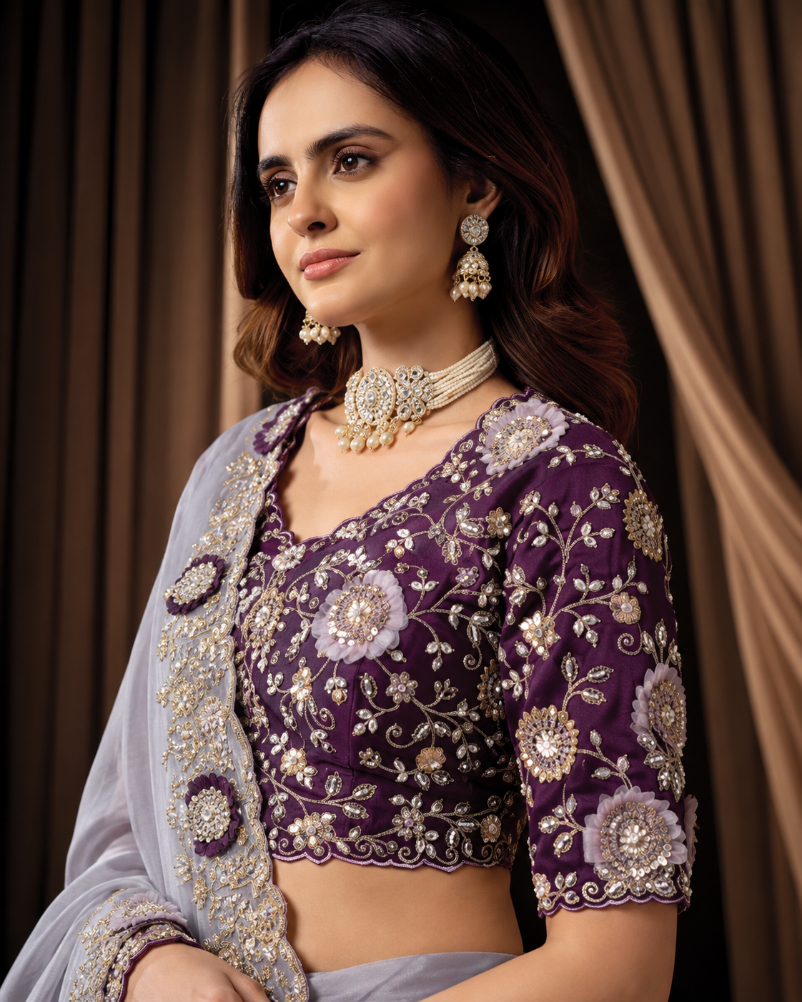 Grey Uppada Silk Saree with Floral Appliqué Work Secondary image