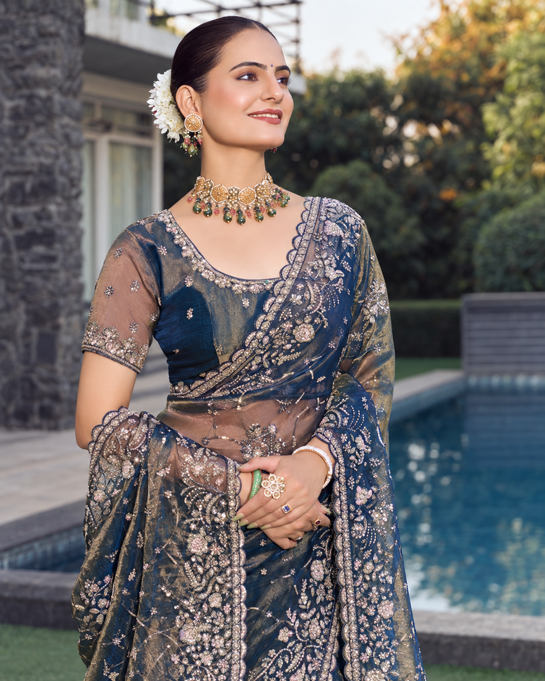 Navy Blue Organza Saree with Floral Embroidery