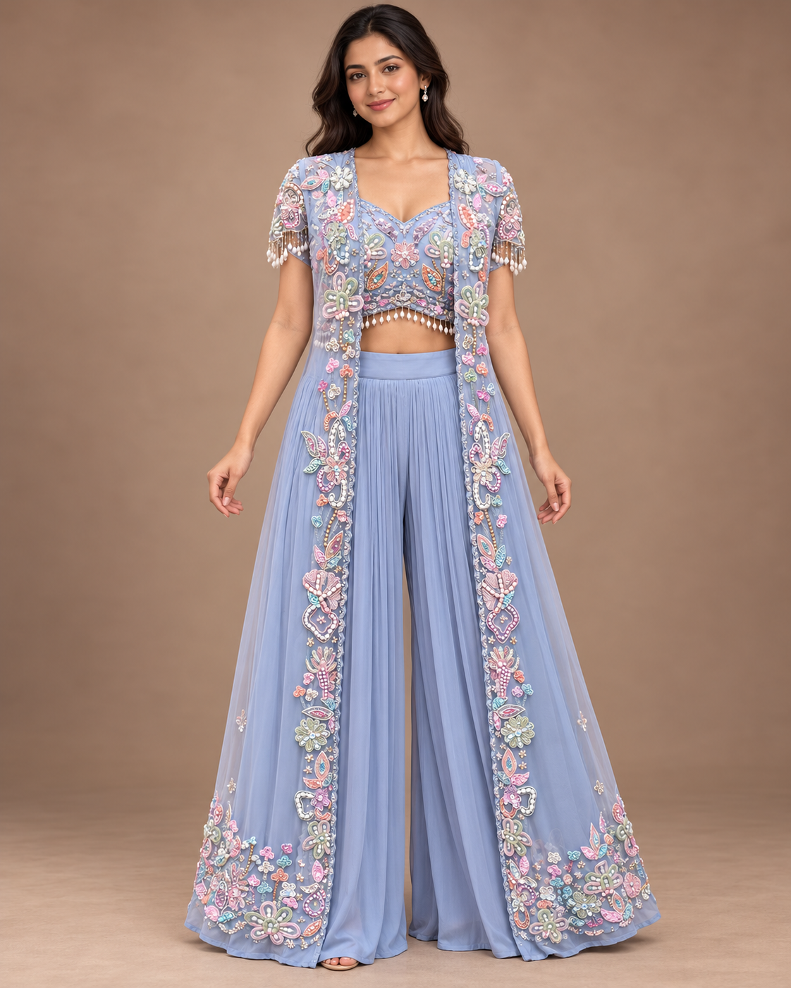 Powder Blue Embroidered Palazzo Shrug Set Main image
