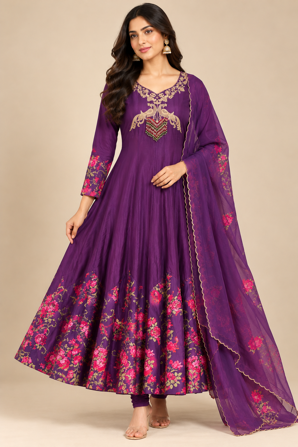 Royal Purple Gold Embroidered Anarkali Suit Set
