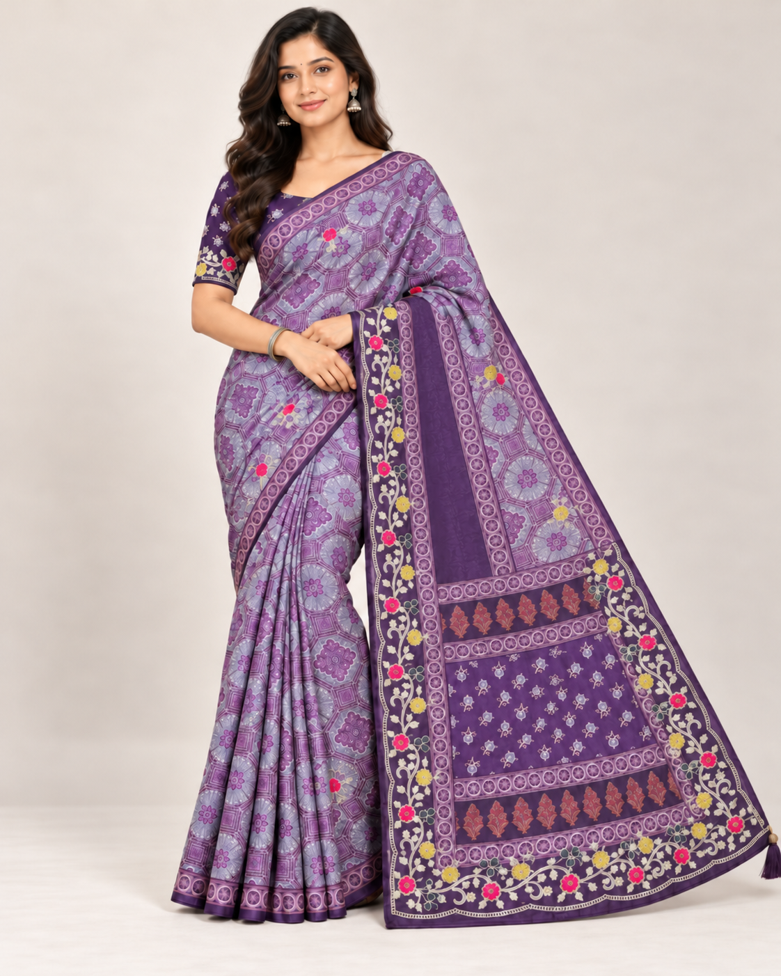 Purple Floral Embroidered Ethnic Fabric with Traditional Printed Motifs Main image