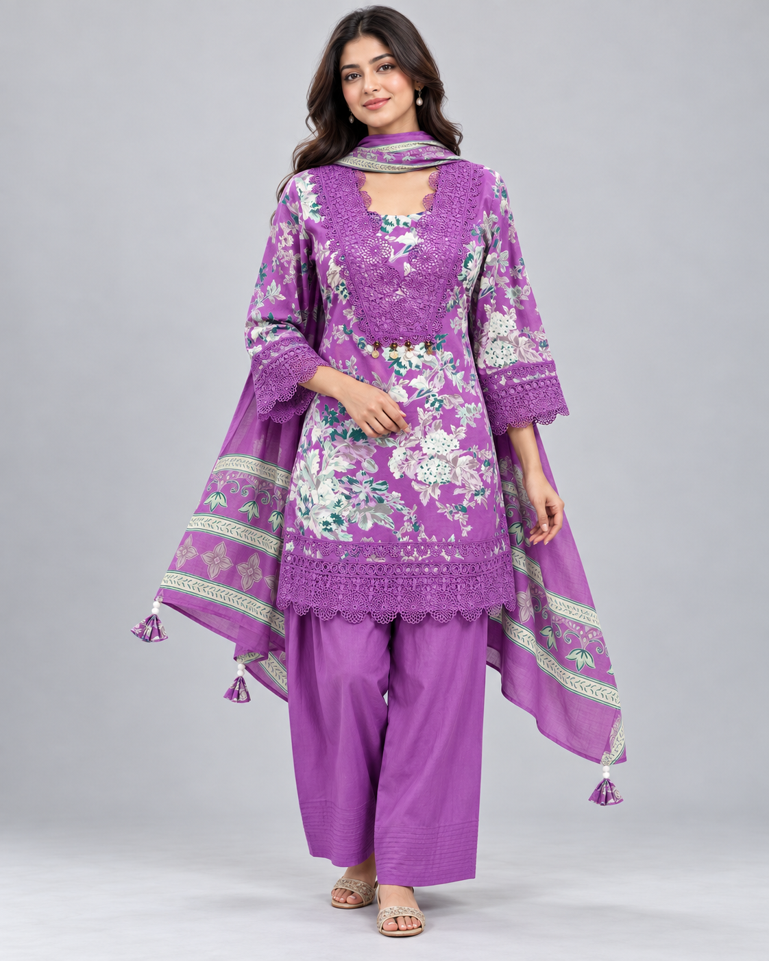 Purple Floral Printed Farshi Suit with Dupatta Main image