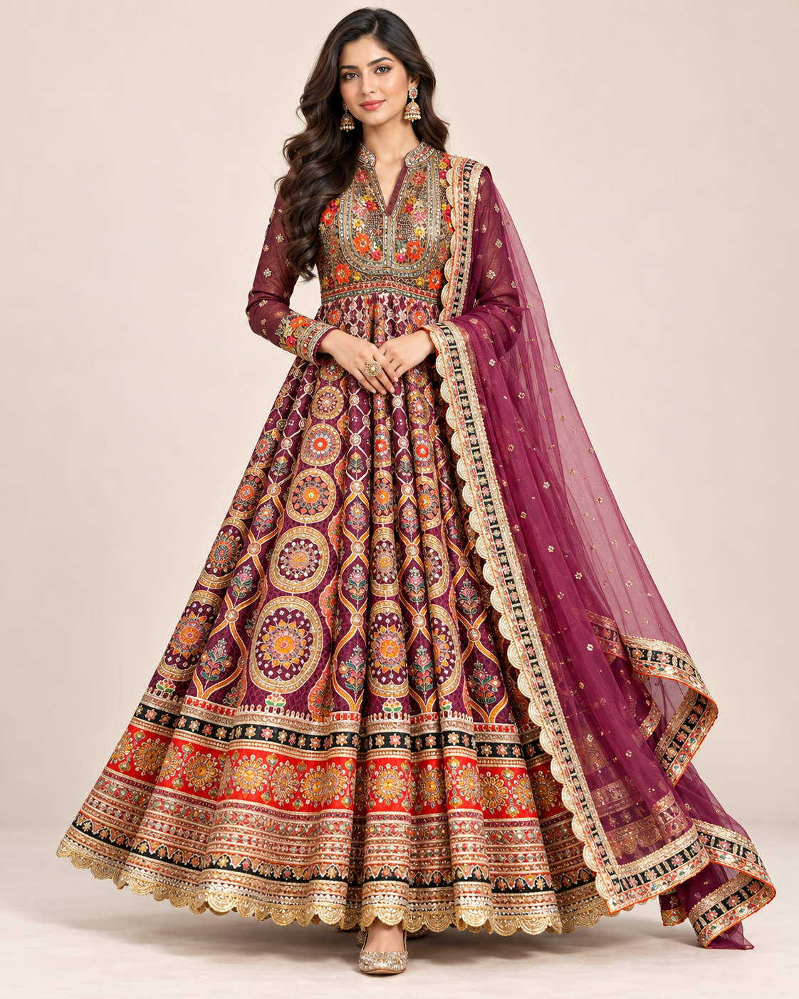 Plum Wine Embroidered Patola-Motif Anarkali Gown Set Main image