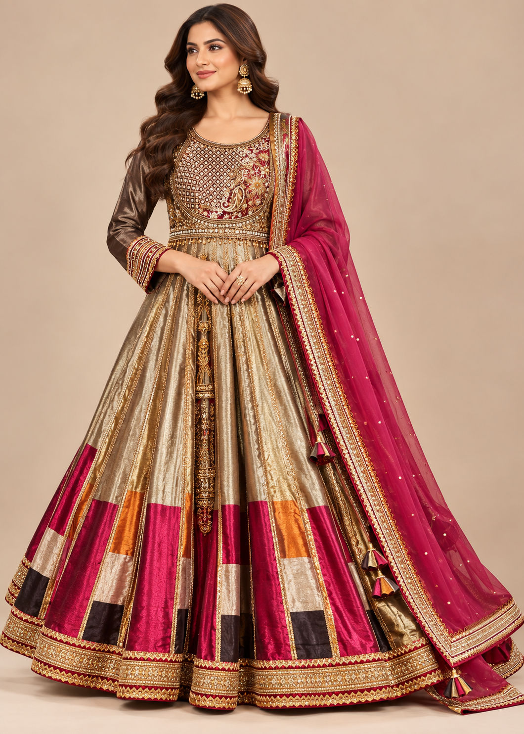 Metallic Gold Multi Color Embroidered Colorblock Anarkali Gown