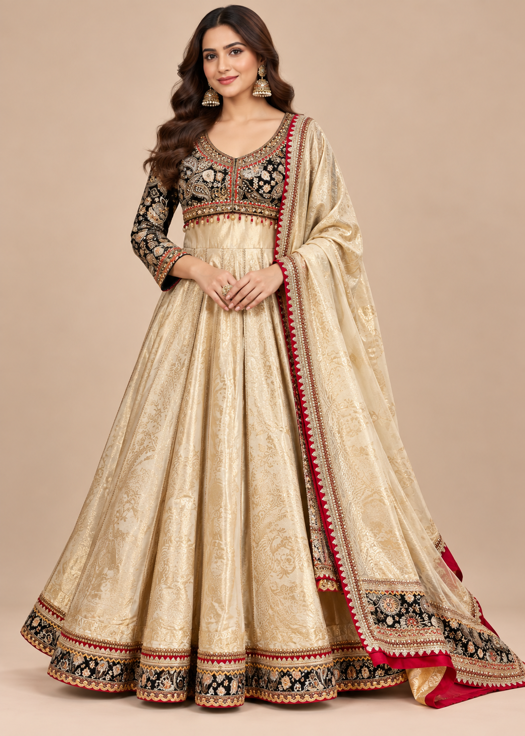 Gold Beige Embroidered Anarkali Gown Set Main image