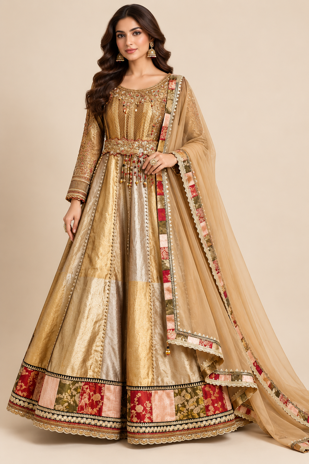 Antique Gold Colorblock Embroidered Anarkali Gown Set