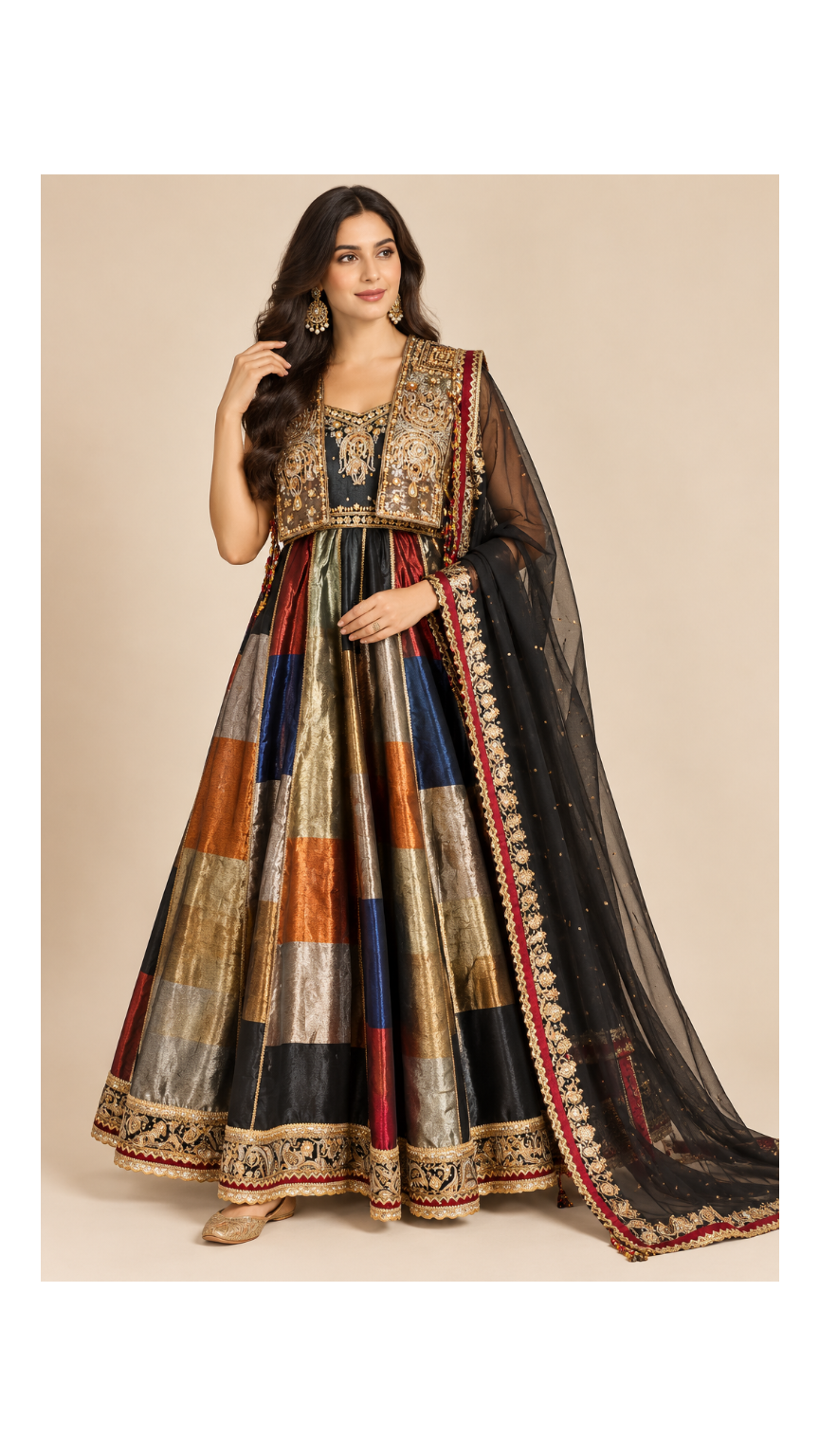 Black Multi-Colorblock Embroidered Jacket Anarkali Gown Set Main image