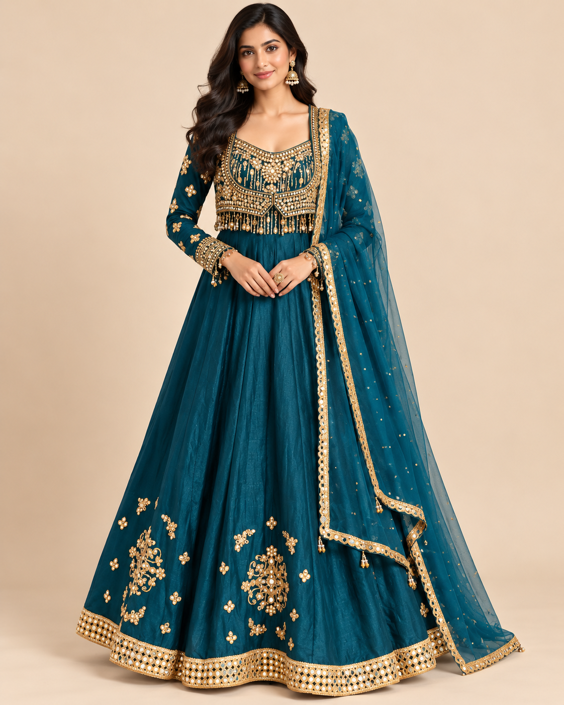 Teal Blue Embroidered Anarkali Gown Set
