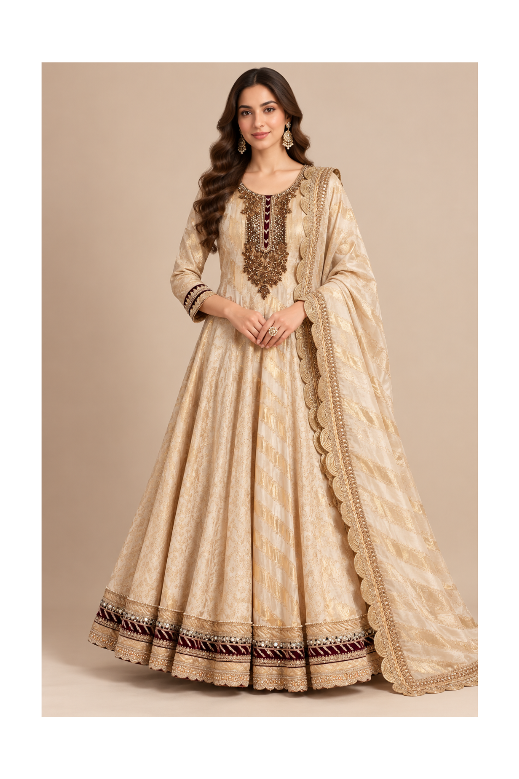 Beige-Gold Brocade Kalidar Anarkali Gown & Scalloped Dupatta Set Main image