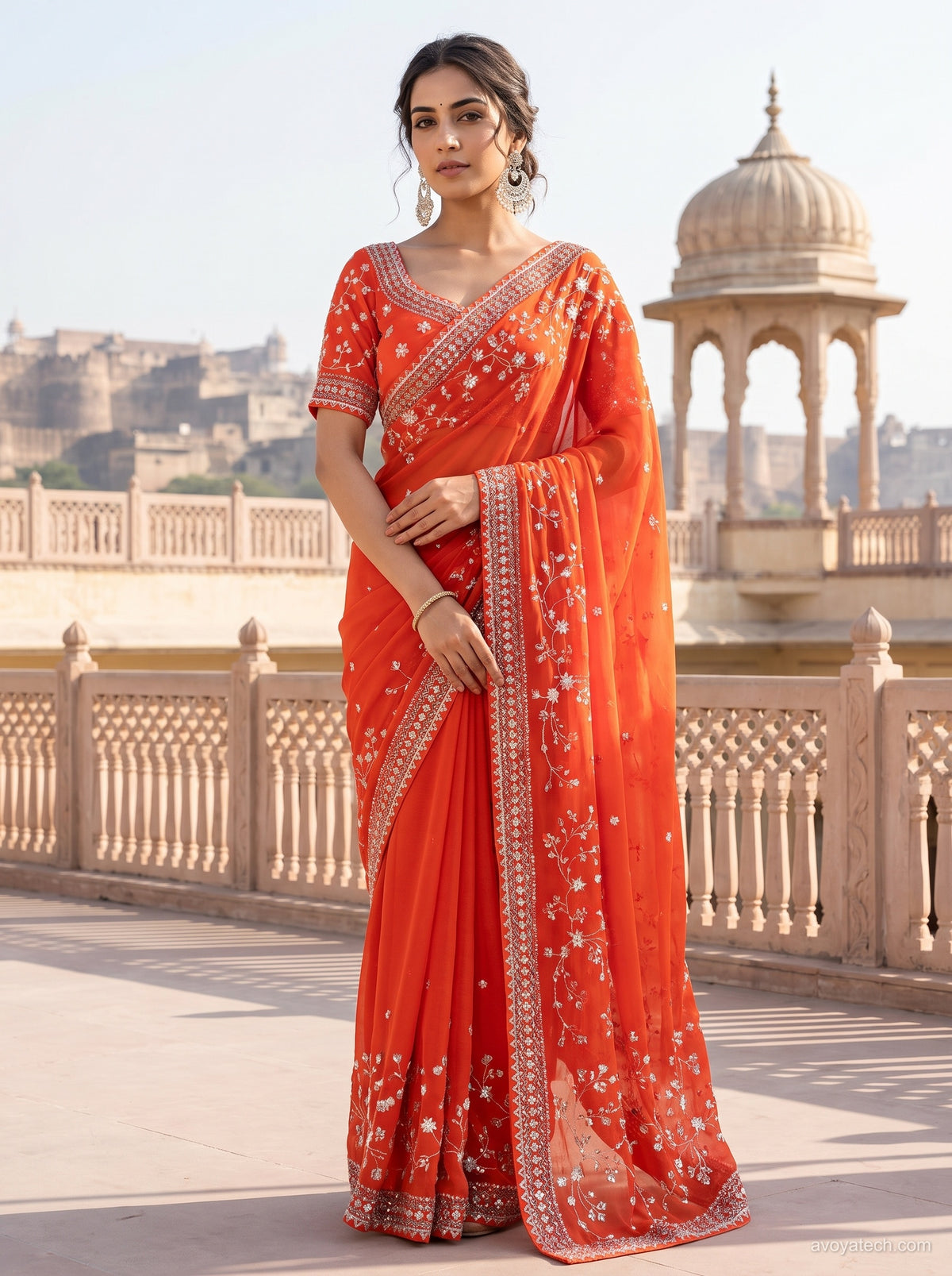 Orange Soft Fabric Saree with Silver Floral Embroidery