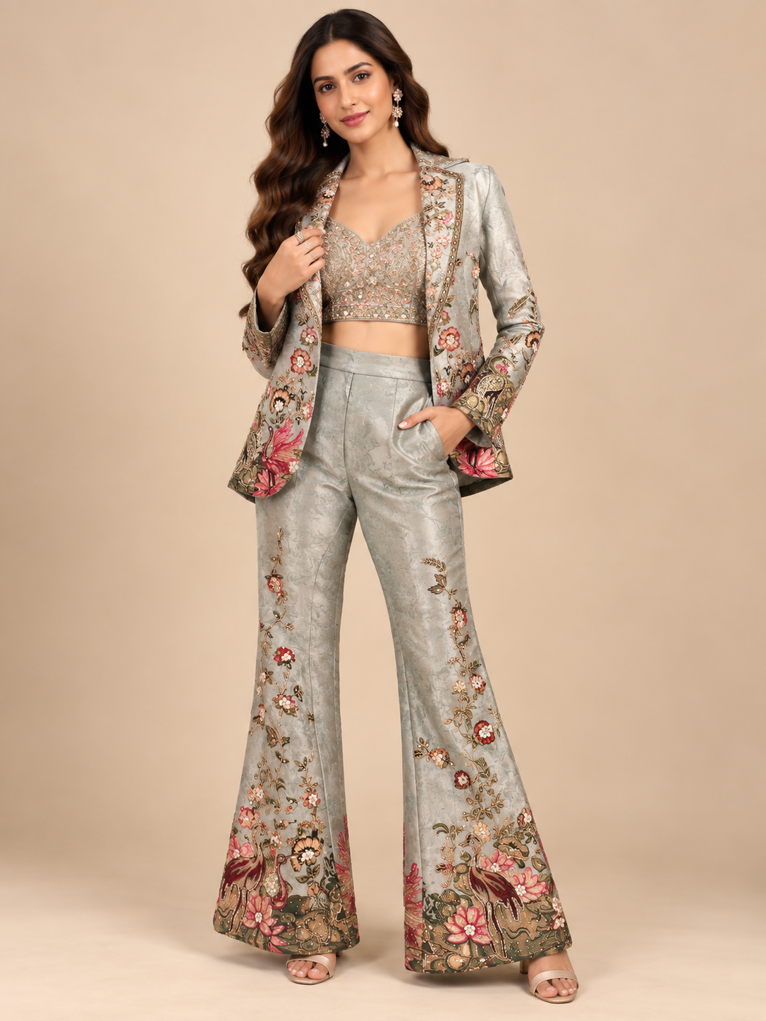 Sage Silver Brocade Pantsuit Set with Embellished Bustier, Tailored Blazer &amp; Flared Trousers