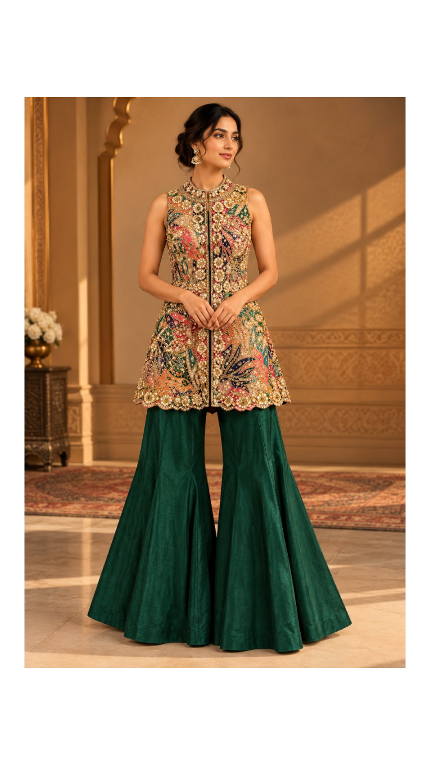 Multicolor Jewel-Encrusted Sleeveless Tunic & Emerald-Green Sharara Set Main image