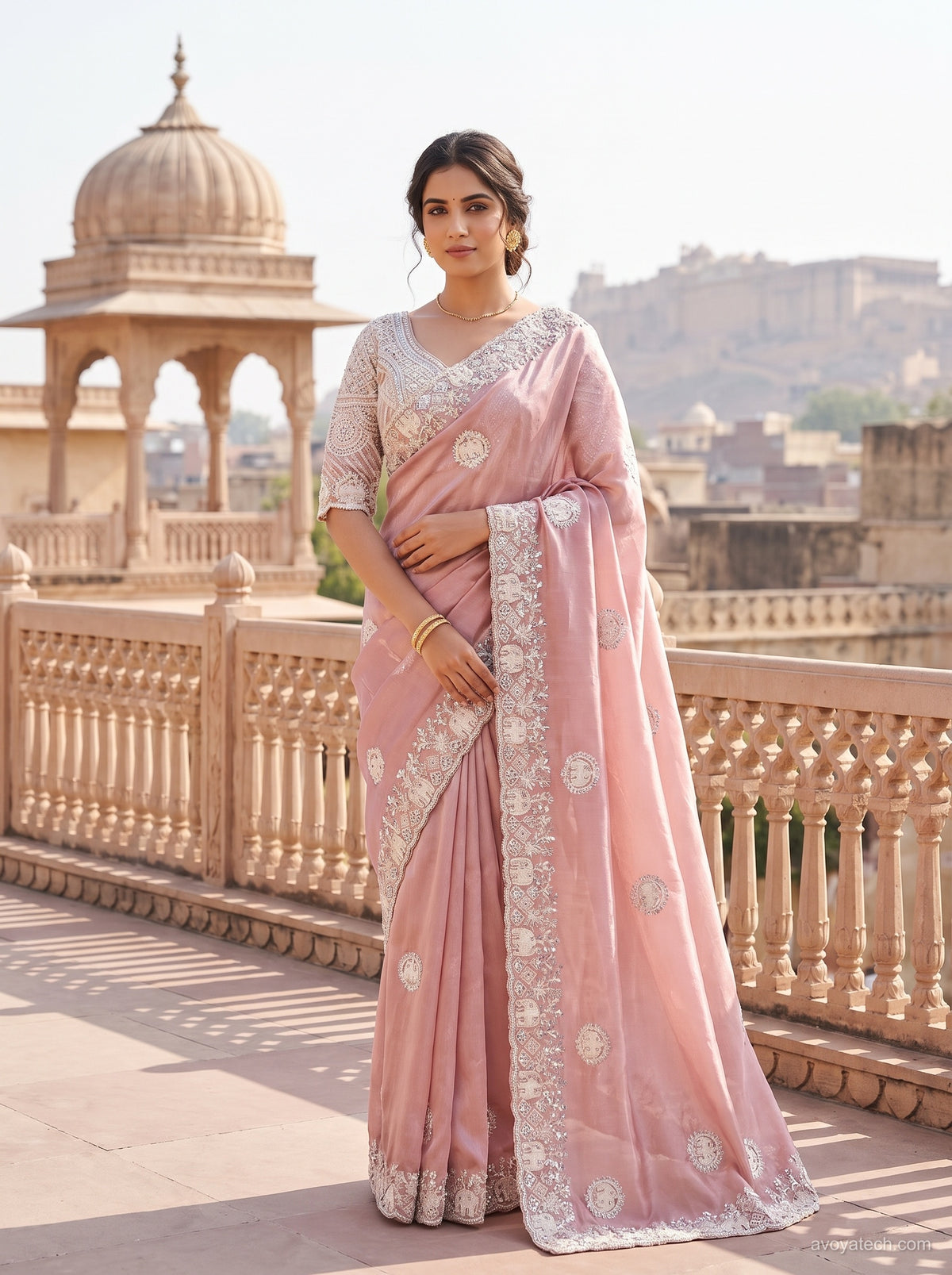 Elegant Pink Soft Fabric Saree with Silver Embroidered Border