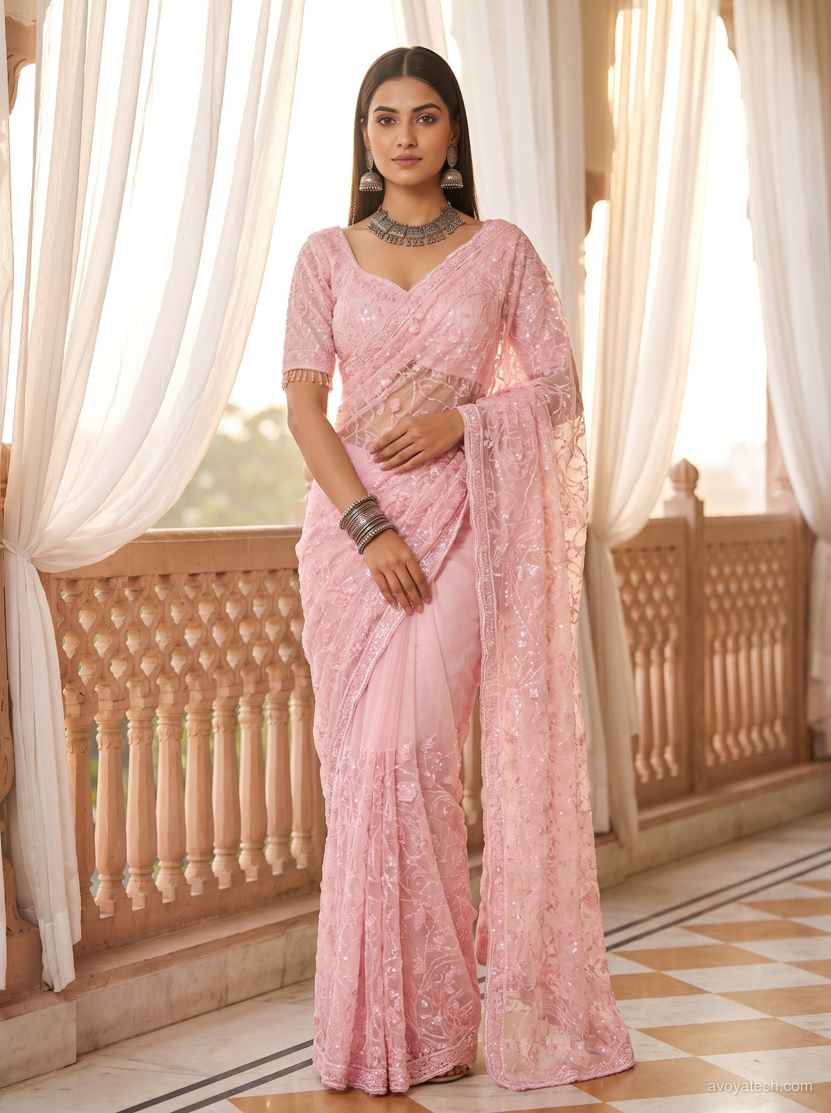 Pink Net Saree with Sequin Embroidery & Floral Lace Border Main image