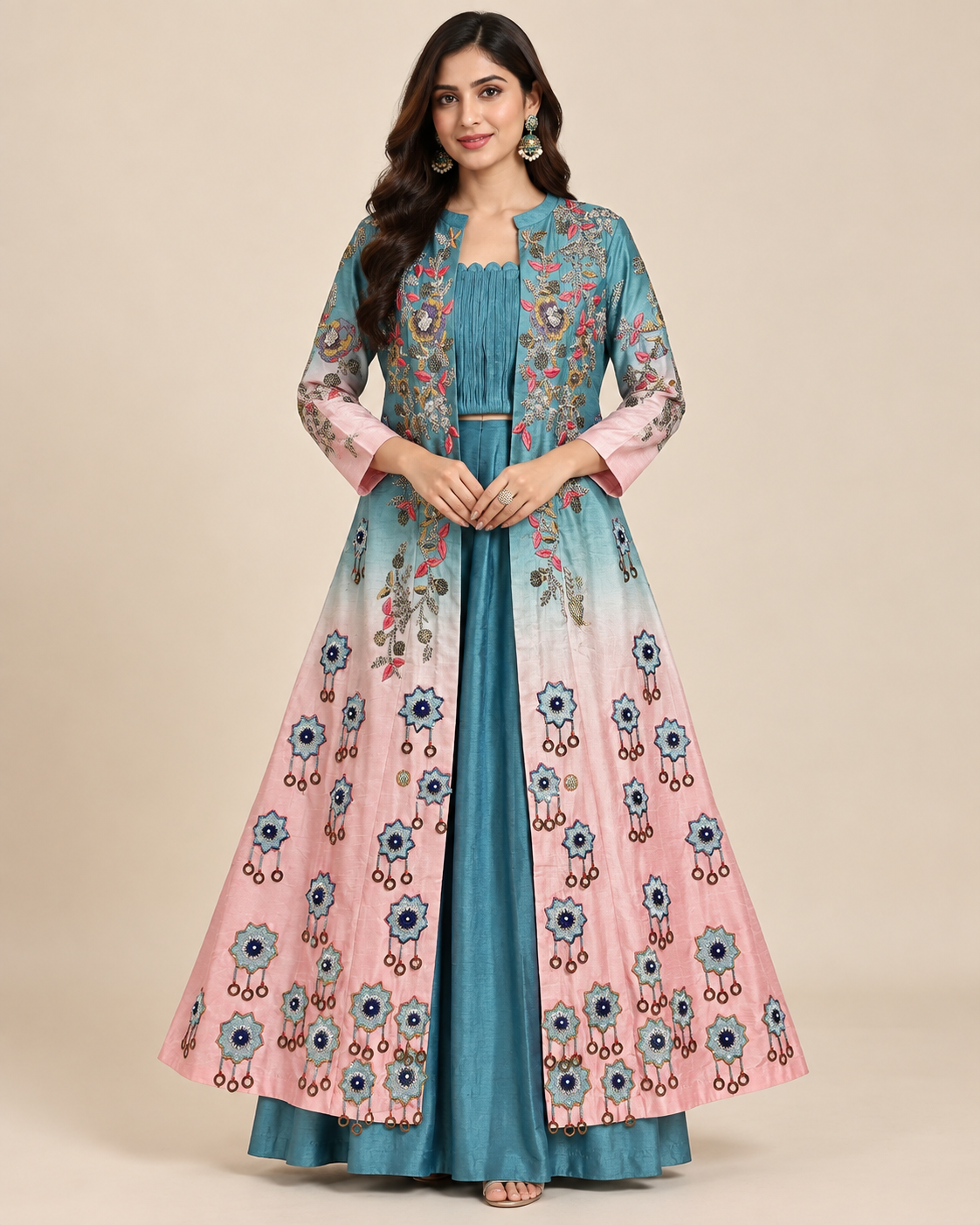 Powder Blue & Blush Ombre Embroidered Long Jacket Skirt Set
