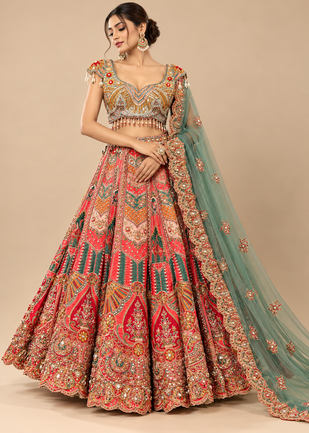Heritage Multicolored Panelled Bridal Lehenga Main image