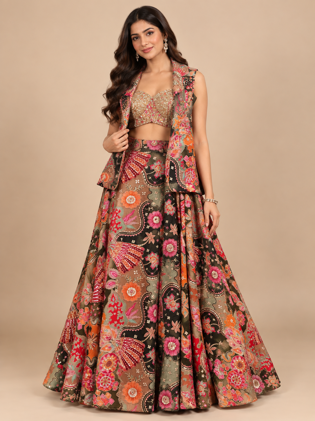 Multicolor Kalamkari Print Silk Lehenga Set with Embellished Bustier & Sleeveless Jacket Main image