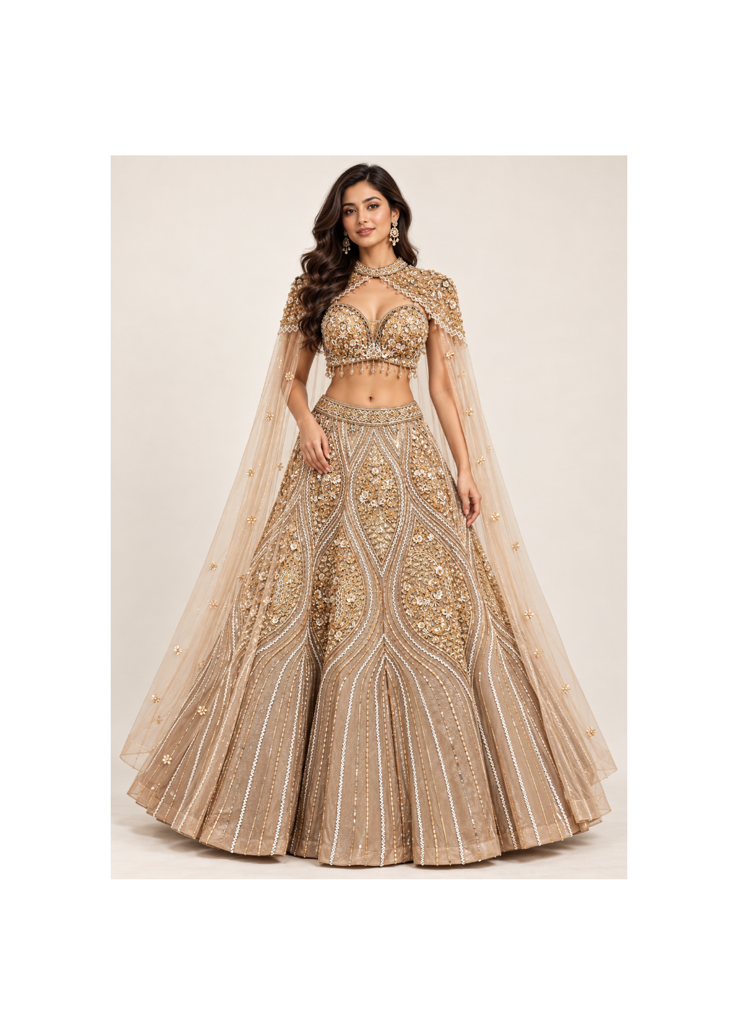Golden Champagne Cape Draped Bridal Lehenga Main image