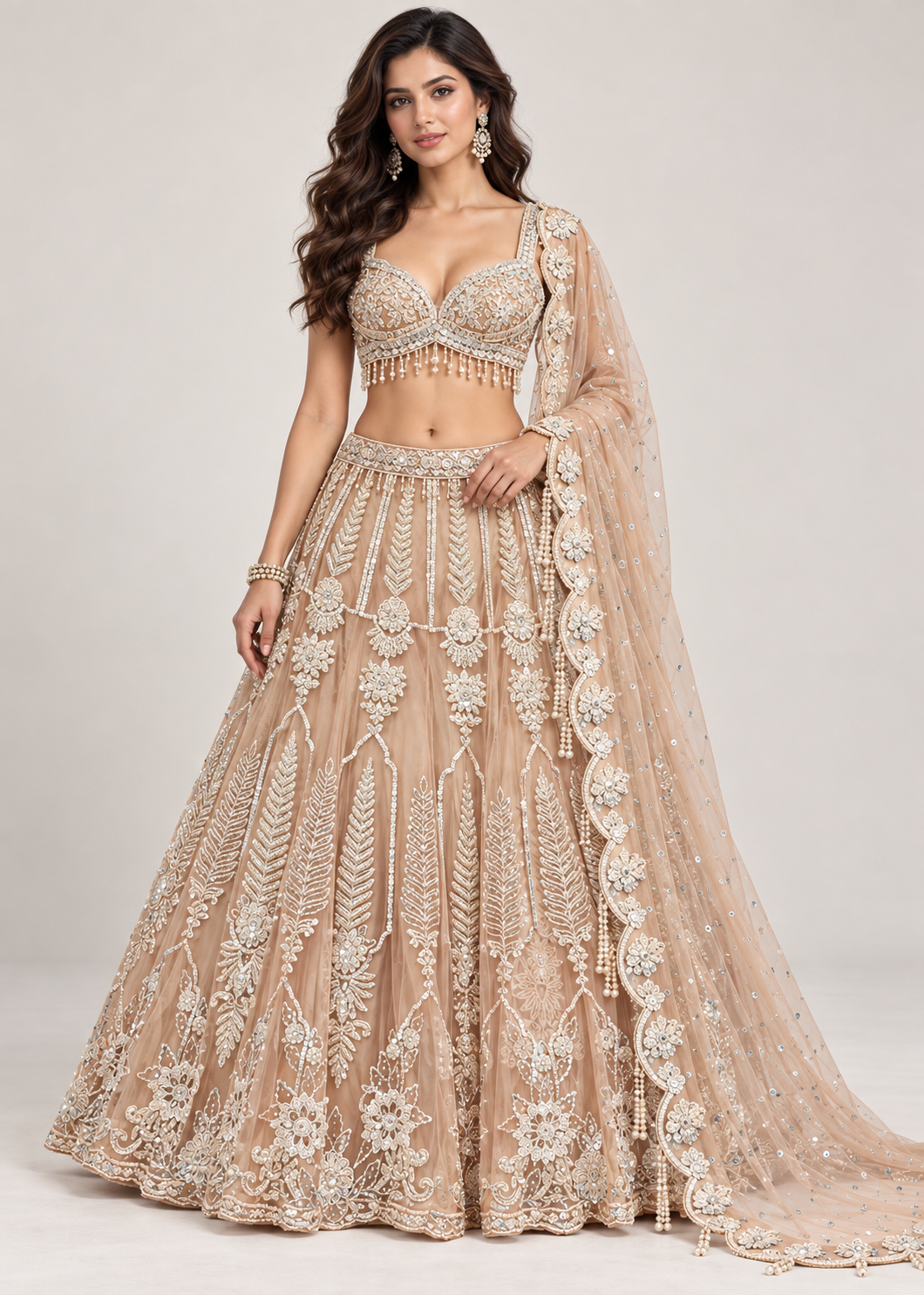 Champagne Nude Pearl & Crystal Botanical Bridal Lehenga Set with Dupatta Main image