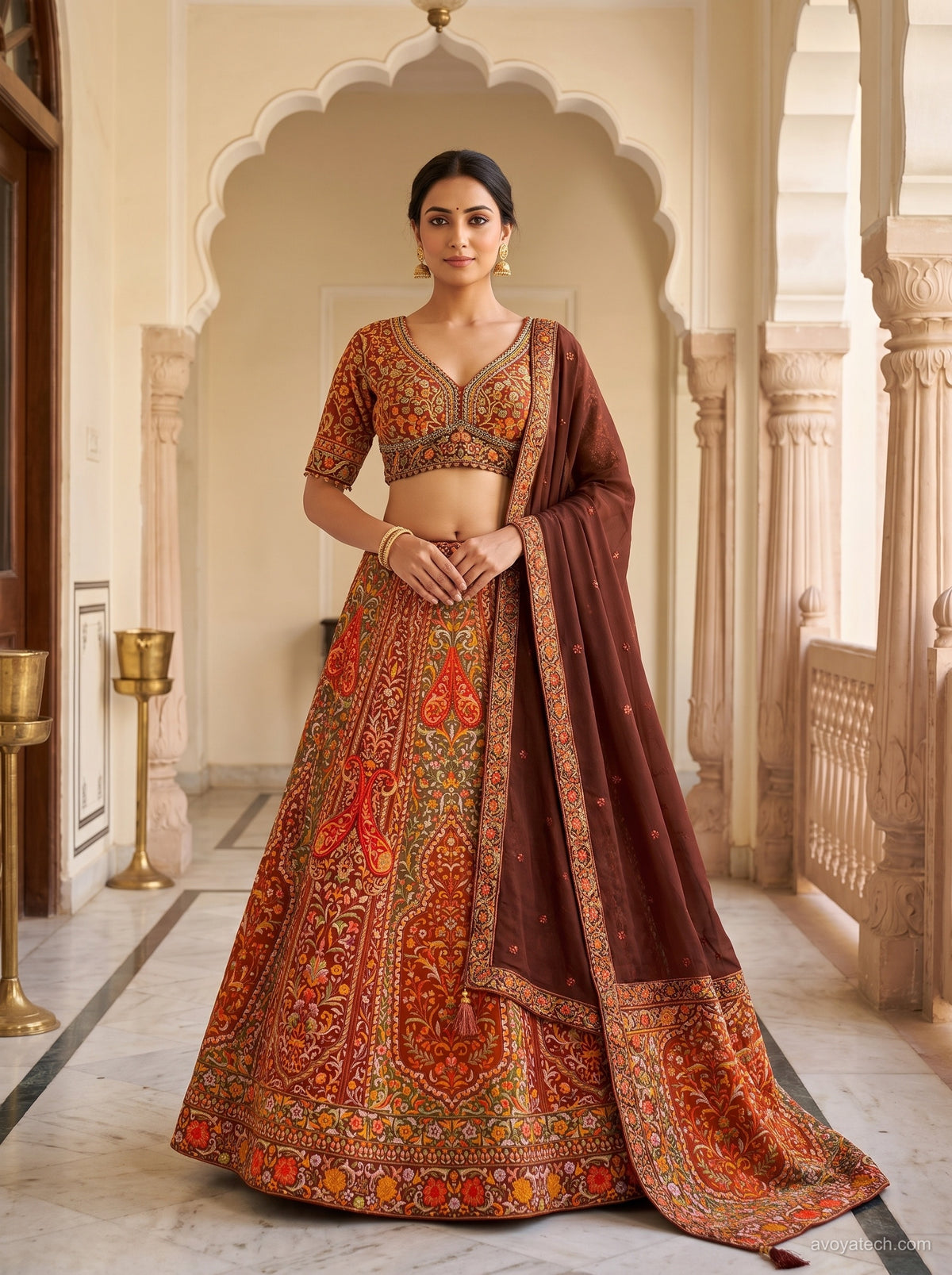 Rust Chocolate Kashmiri Paisley Embroidered Lehenga Set