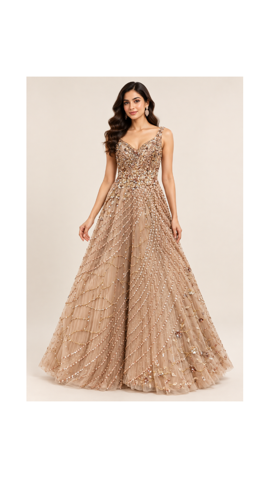 Champagne Beige Scalloped Beadwork Evening Gown Main image