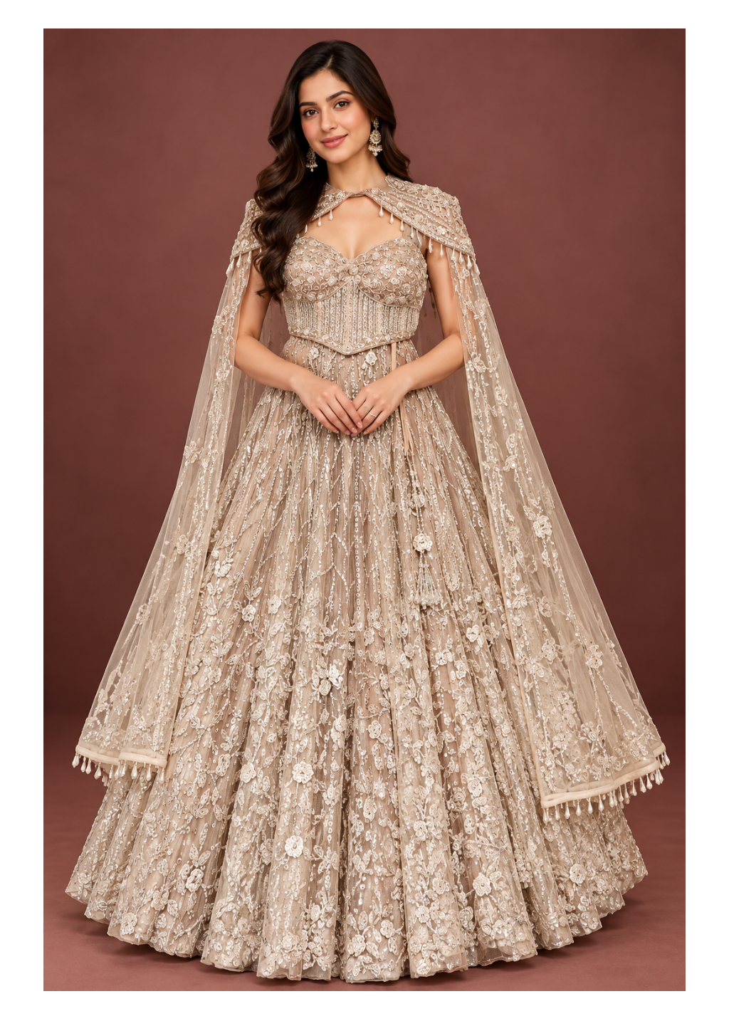 Champagne Embellished Cape Corset Bridal Lehenga