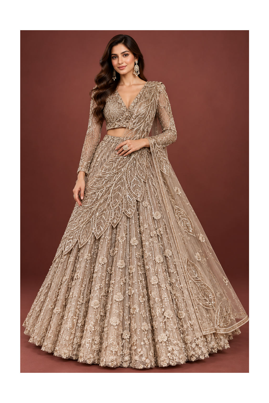 Muted Taupe Leaf Embroidered Designer Lehenga Main image