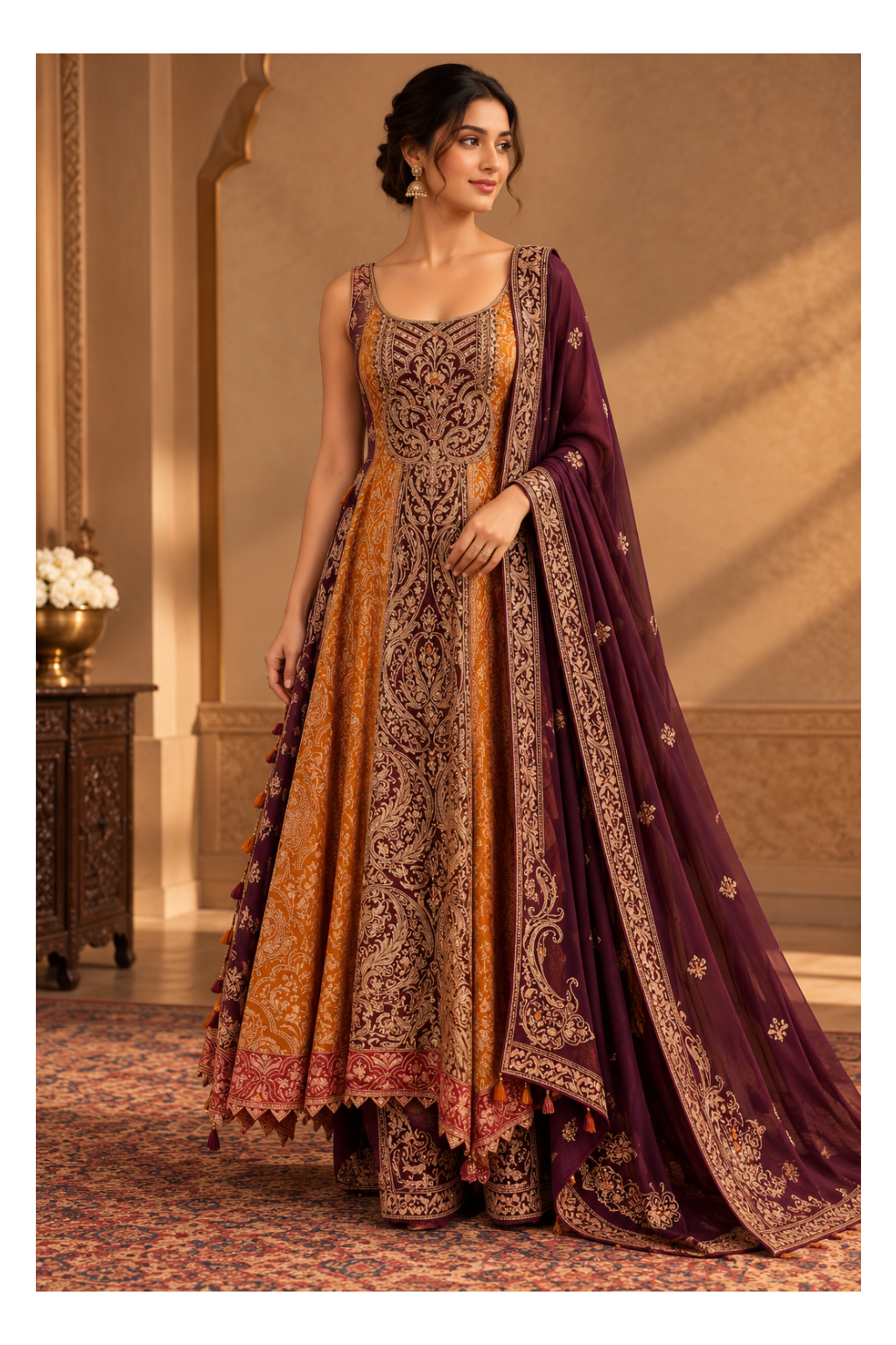 Wine-Aubergine & Mustard Kalamkari-Print Kalidar Kurti, Palazzo