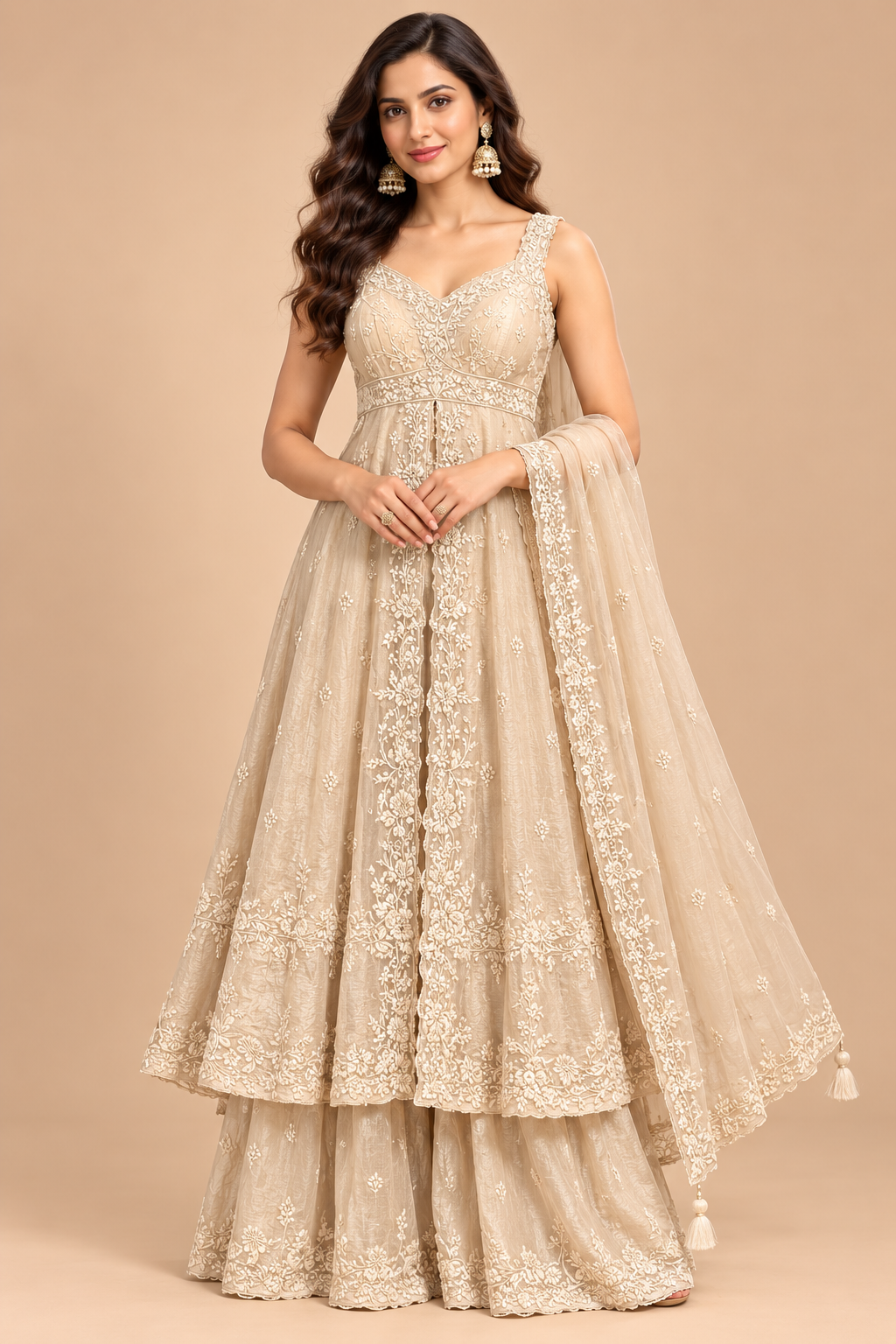 Champagne Beige Front-Slit Anarkali Kurta, Flared Sharara Main image