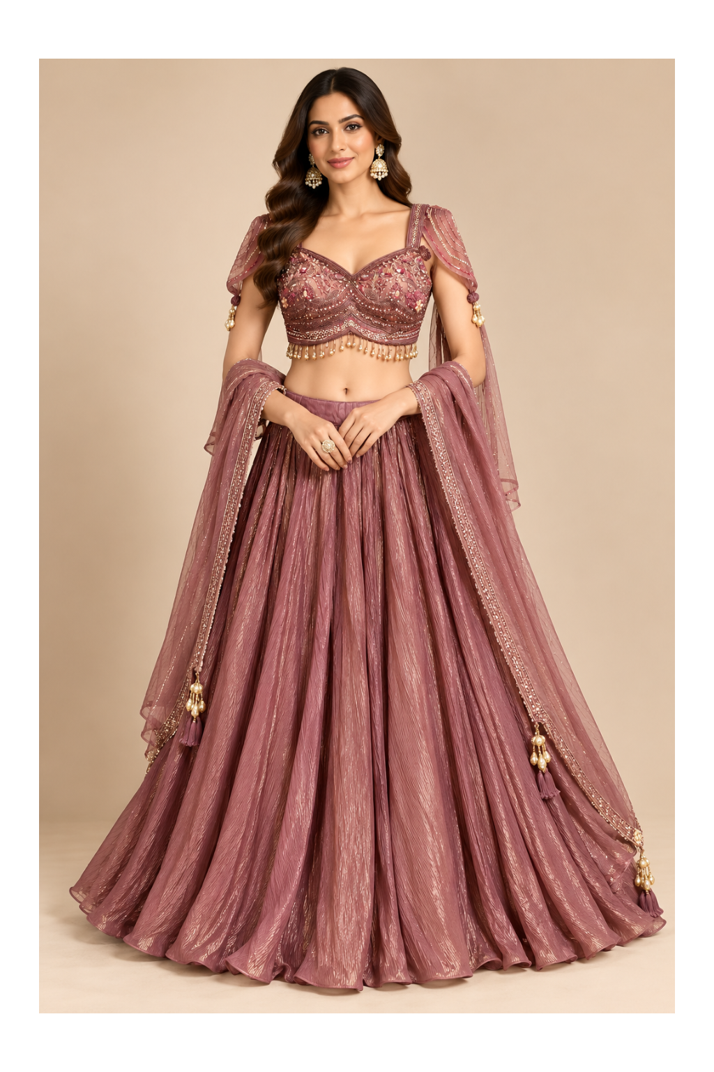 Dusty Mauve-Rose Embellished Bustier, Shimmer Pleated Lehenga & Cape Set Main image