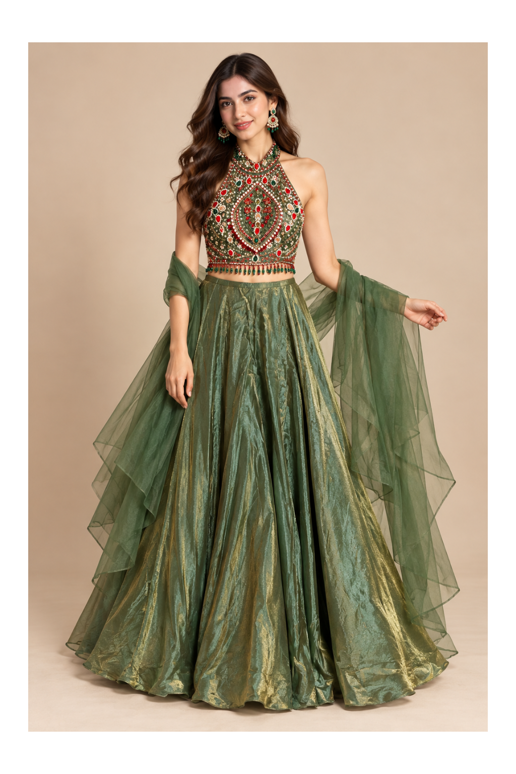 Olive-Gold Liquid-Metallic Lehenga, Jewel-Encrusted Halter Bustier & Scarf Set