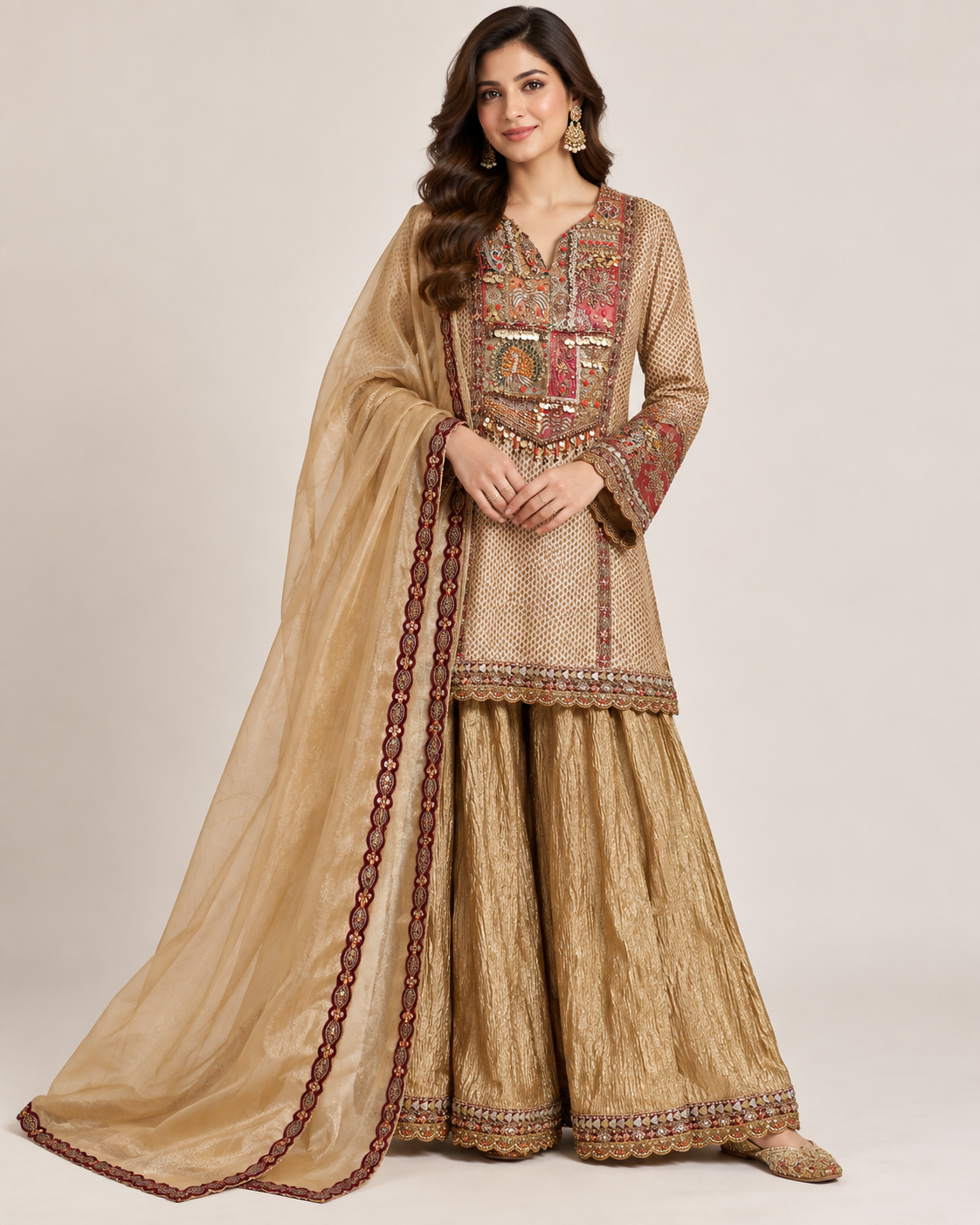 Beige Gold Embroidered Kurti Sharara Set