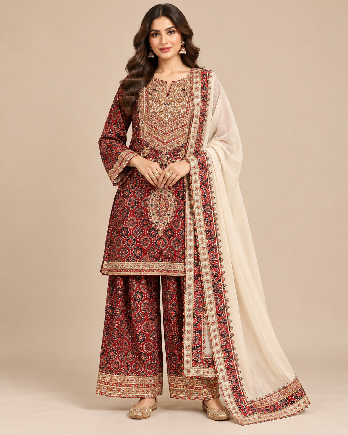Maroon Printed Embroidered Kurti Palazzo Suit Set