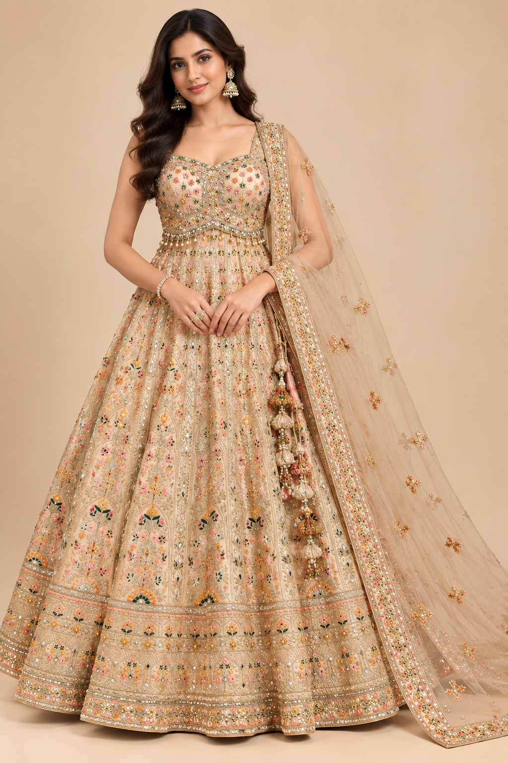 Beige Gold Multi-Hued Embroidered Silk Kalidar Lehenga Choli Set with Heavily Embellished Dupatta Main image