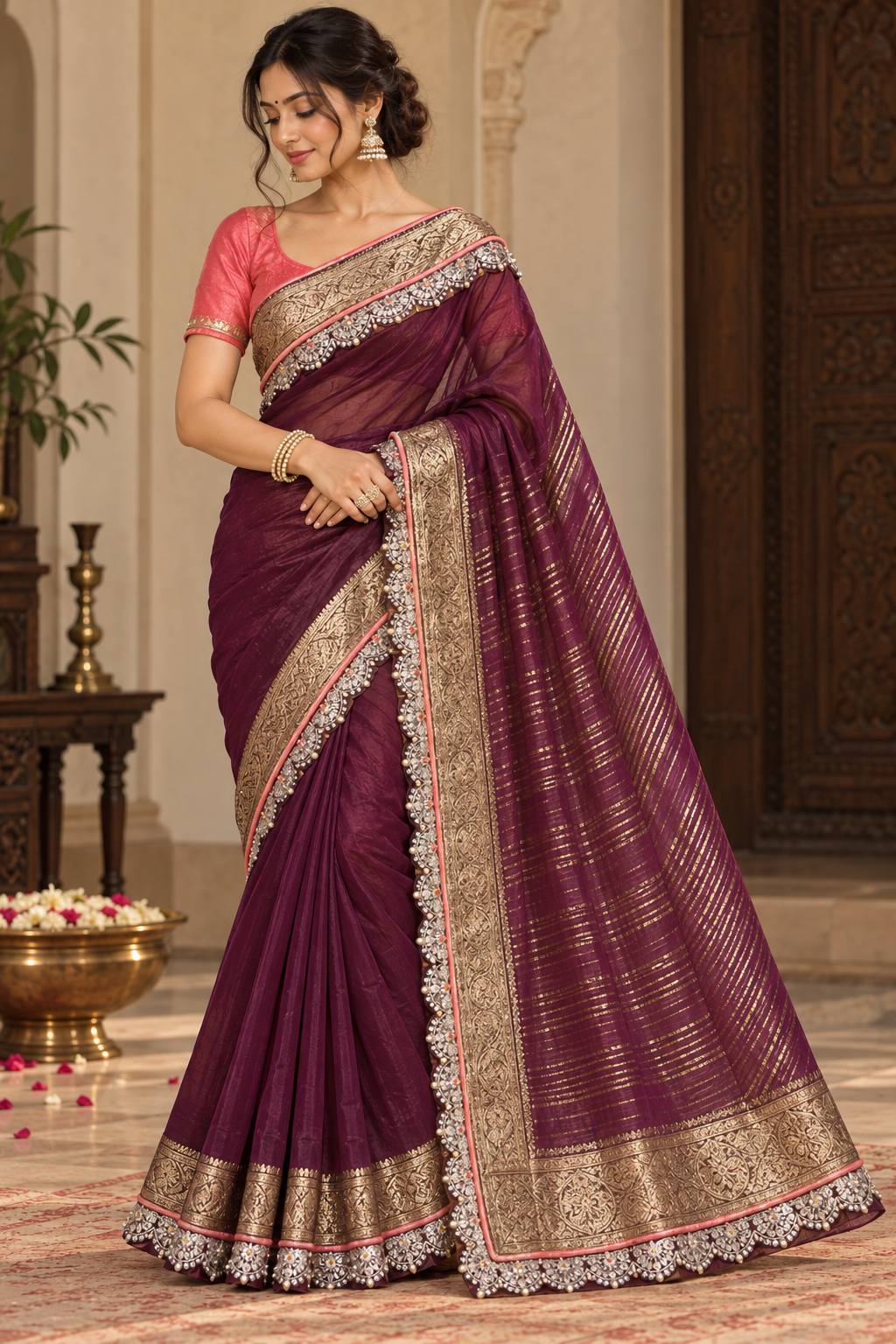 Wine Purple Saree with Antique Gold Embellished Bordern