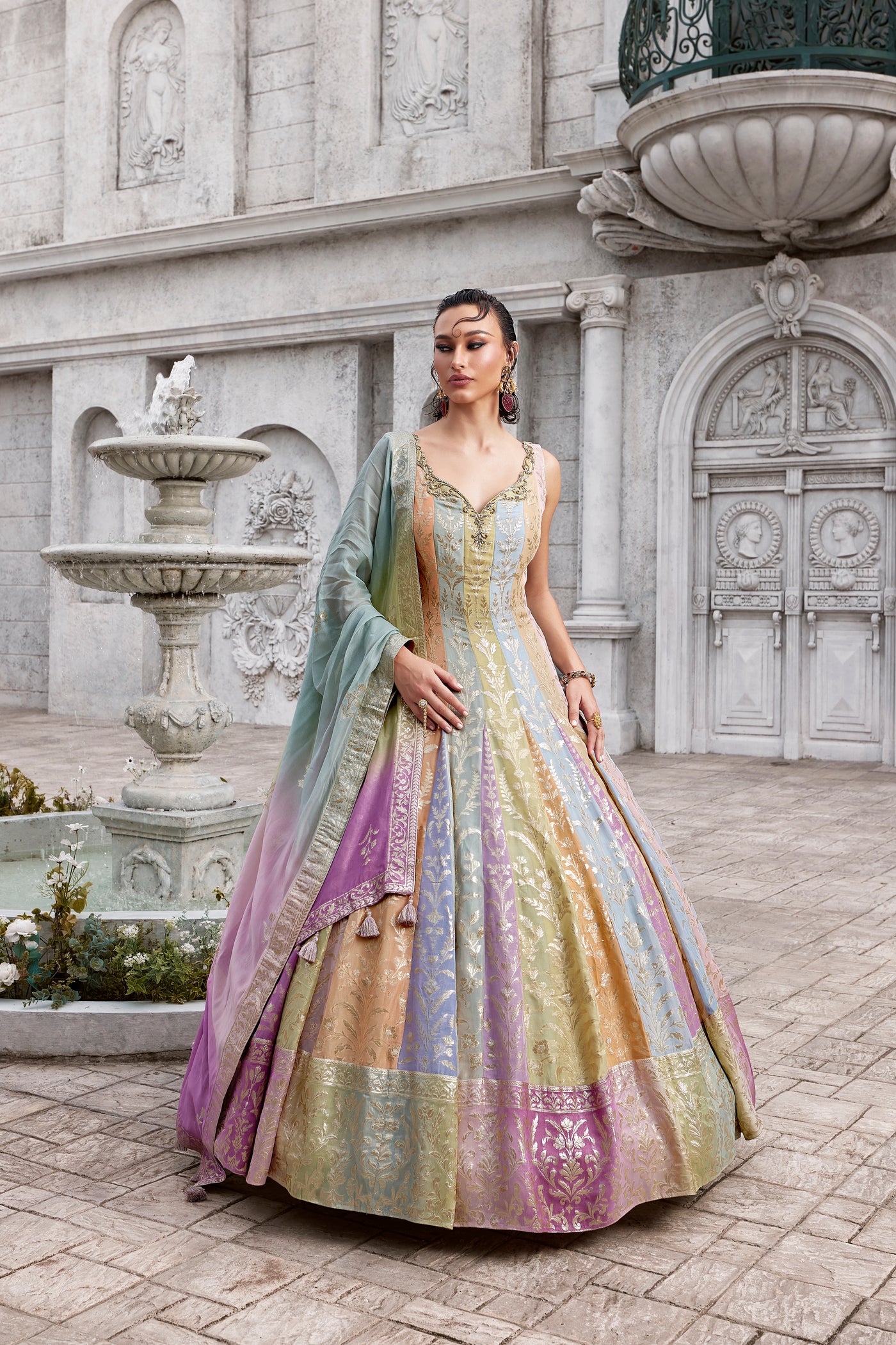 Pastel Panel Gown with Brocade Weaving and Gold Work (RUHI M-24)