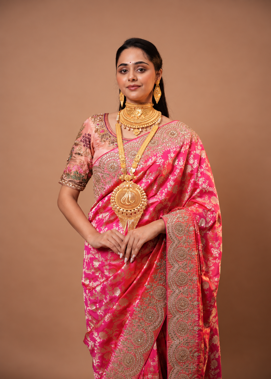 Rani Pink Silk Saree with Rich Embroidered Border Main image