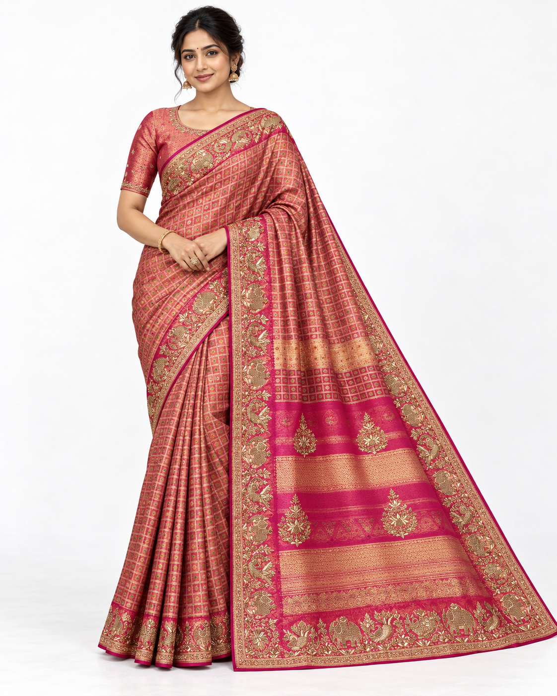 Pink Gold Checked Saree