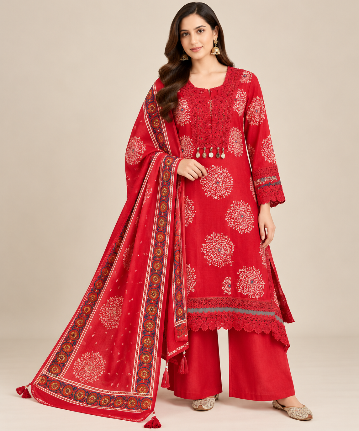Crimson Red Printed & Embroidered Pakistani Suit Set