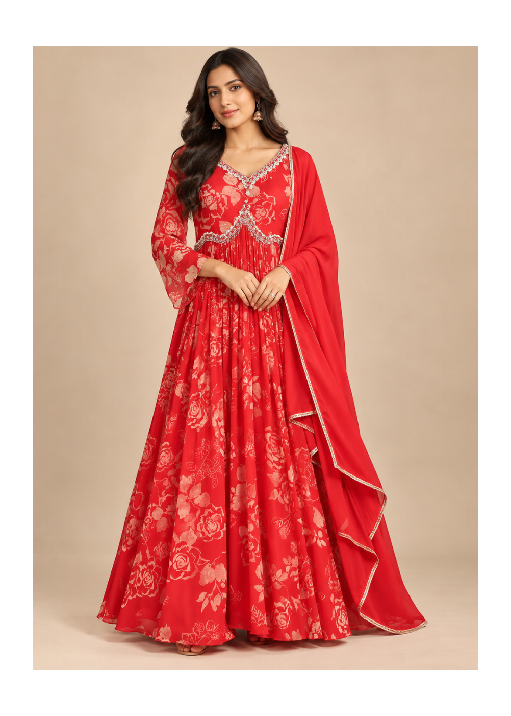 Red Floral Printed Anarkali Gown Set